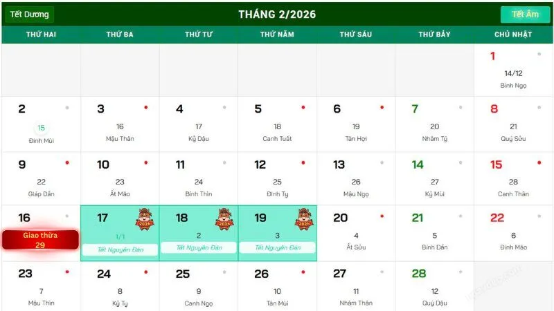 Bảng tra cứu ngày cuối năm từ 2026 đến 2033